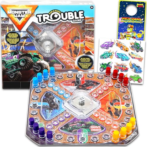 Monster Jam Pop Up Board Game - Bundle with Board Game for Kids with Pop Up Dice Plus Tattoos More | Monster Jam Games for Birthday Party