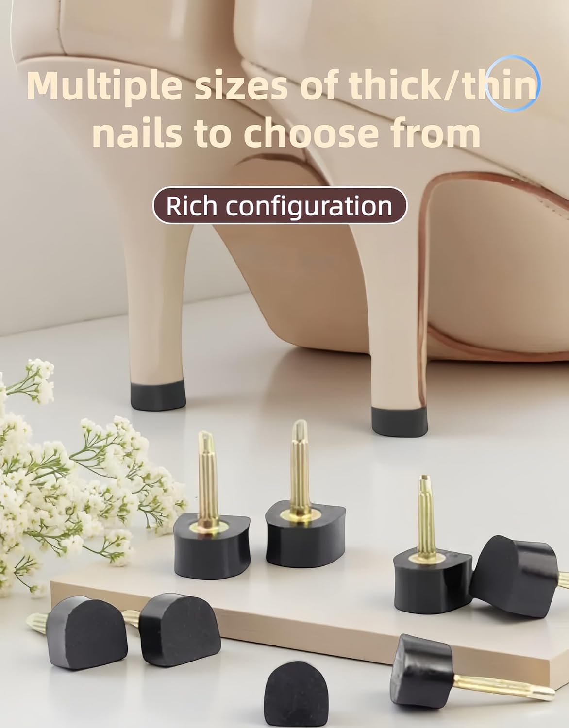 10 Pairs High Heel Tips Replacement - U/Cap Style, 2.4mm & 3mm Metal Core, 5 Sizes (8-12mm) | Durable Non-Slip Heel Caps for Women's Shoes | Quiet, Quick DIY Installation (Black)