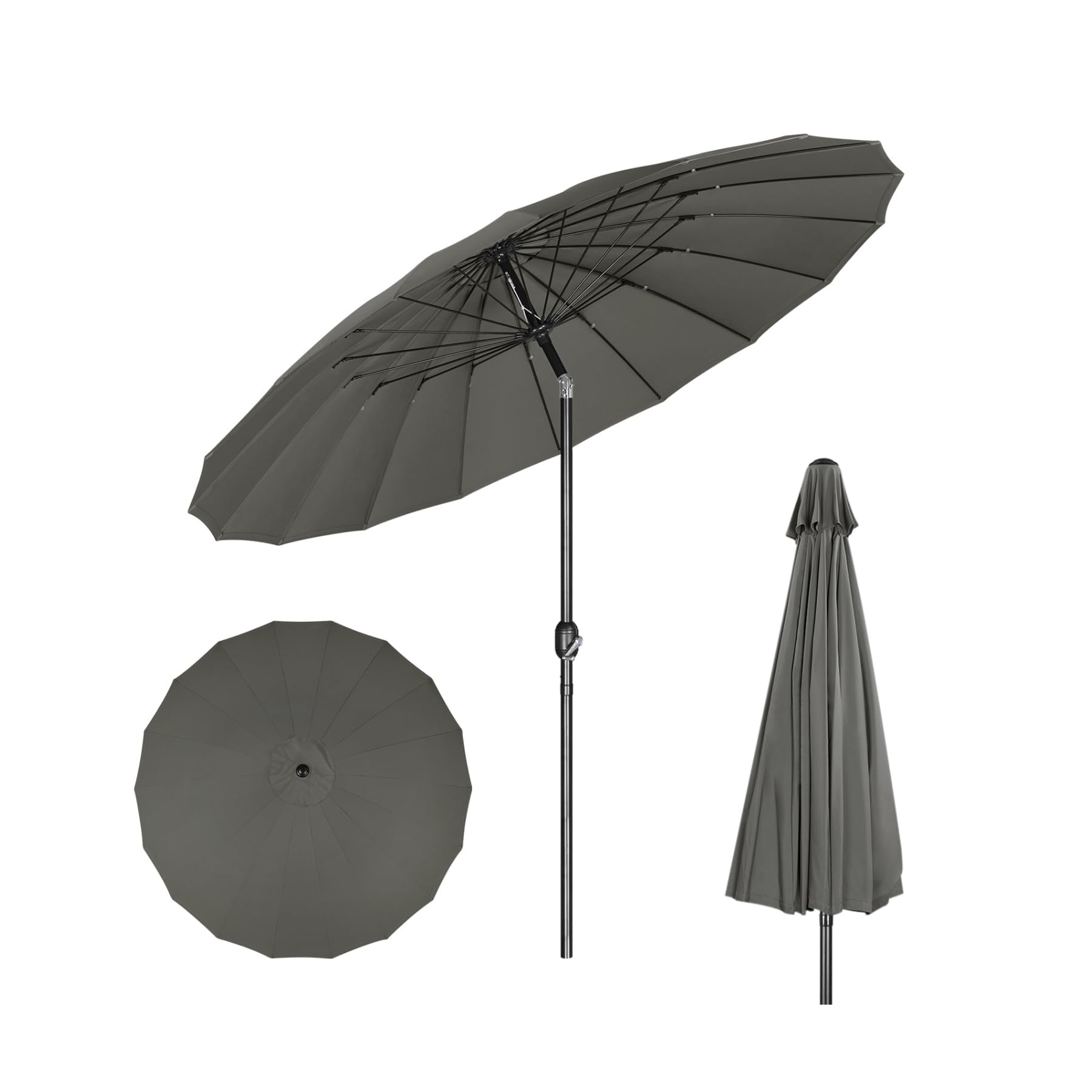 WOLTU Parasol przeciwsłoneczny Ø 257/273 cm, wychylany parasol ogrodowy z korbą, parasol balkonowy z 18 wspornikami z włókna szklanego, na taras, patio, basen, ciemnoszary