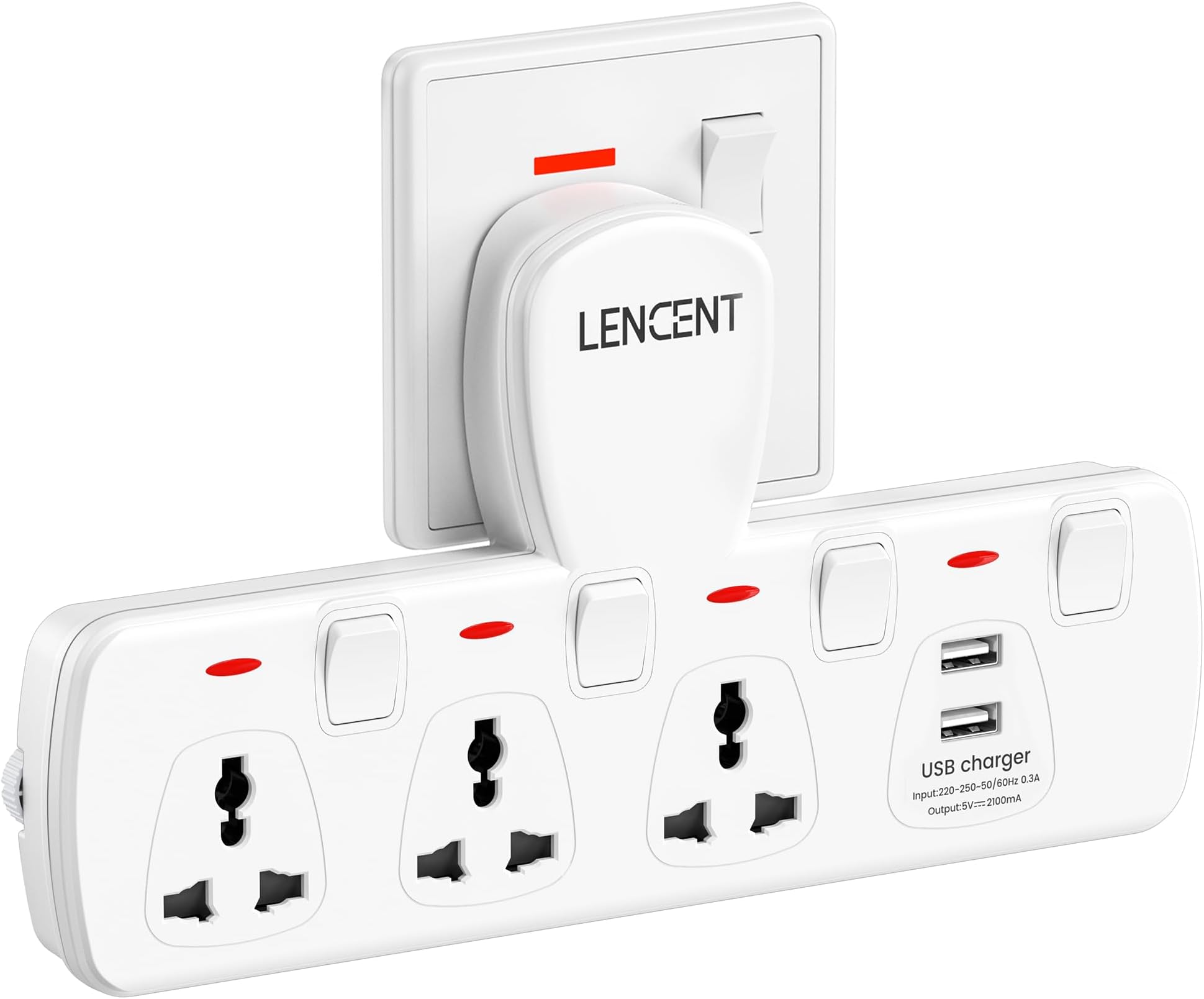 LENCENT Multi Plug Extension Socket with USB, 3 Way Electrical Outlet Extender with 2 USB, Wall Charger, Universal Plug Adapter, Charging Station for Home, Office, Kitchen, Individually Switched