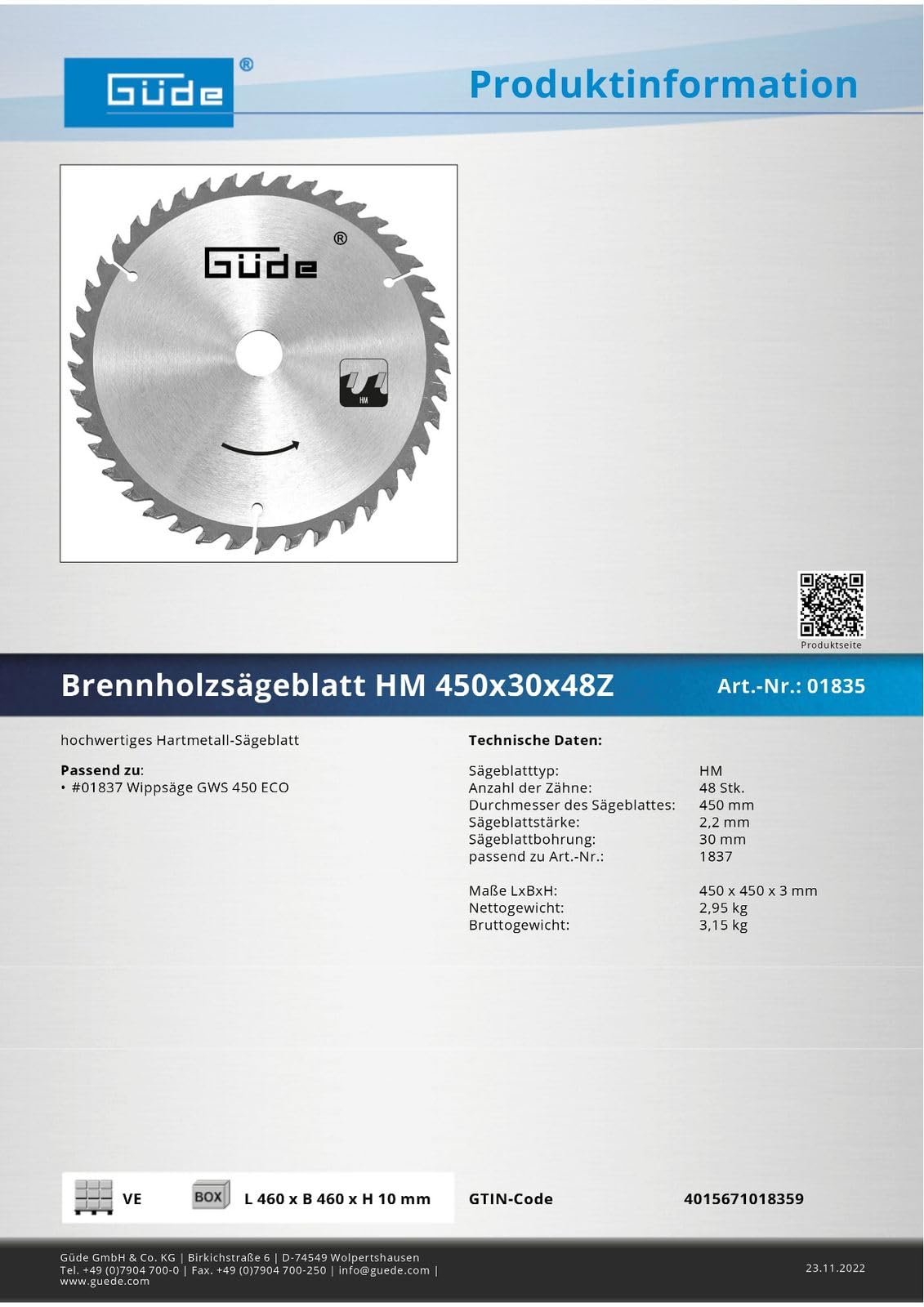Güde Lama per GWS 450 ECO, 450 mm