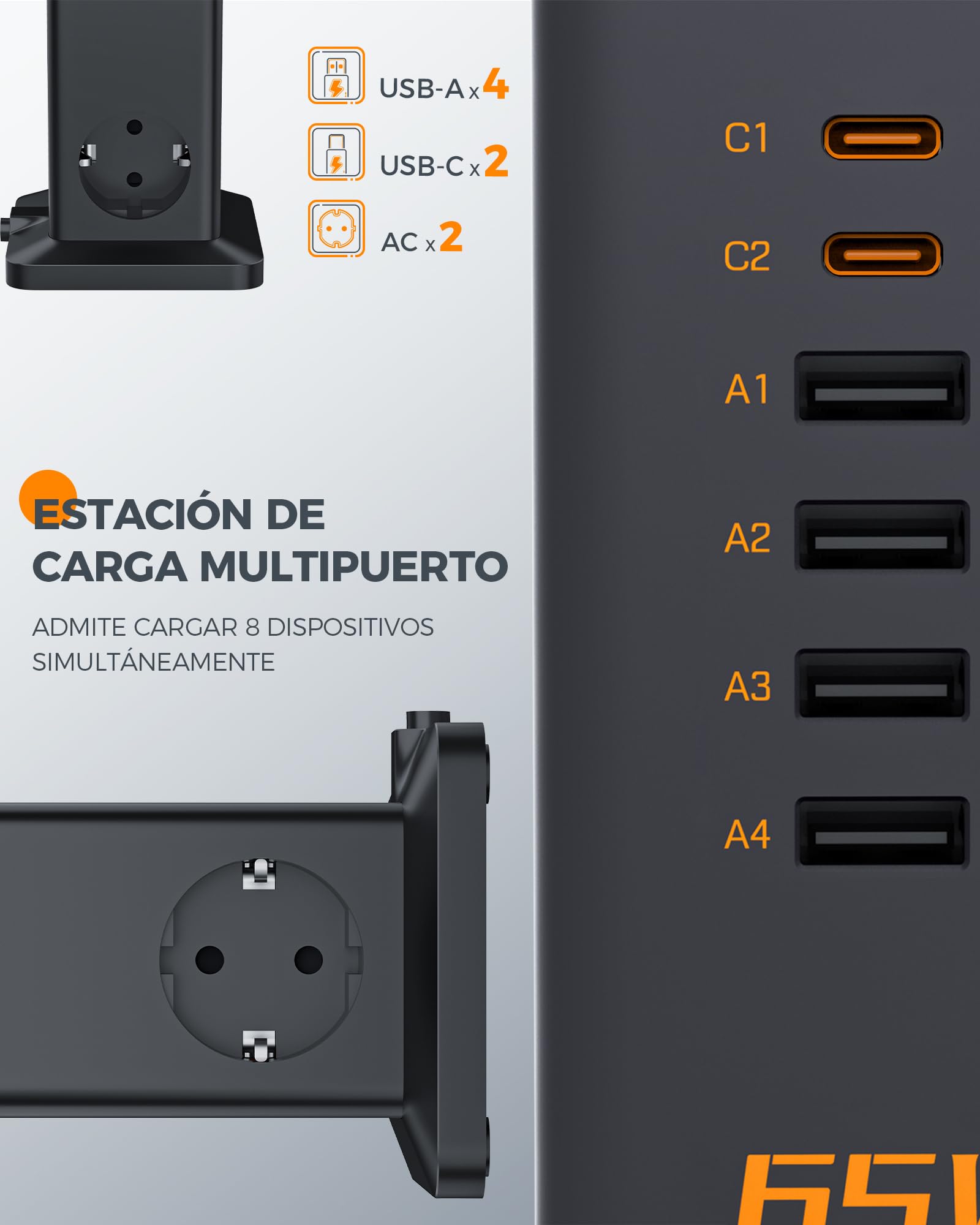 TESSAN Cargador USB C, PD 65W GAN Cargador, USB Estacion de Carga con 6 Puertos y 2 Enchufes, Estación de Carga con Cable de 2M para teléfono y Pad, Portátil Adaptador para Oficina