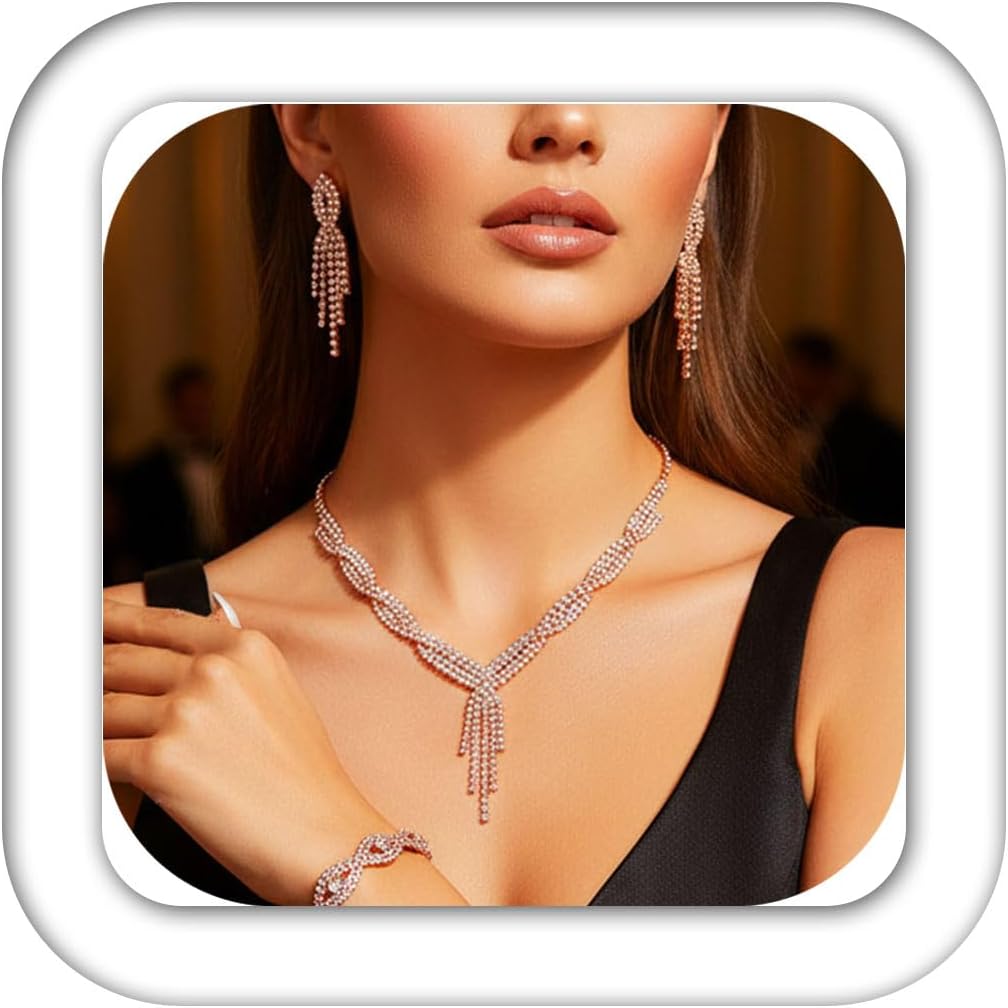 Aukmla Rhinestones Prom Bridal Jewelry Set Sparkly Wedding Necklace Earrings Bracelet Sets for Women and Brides