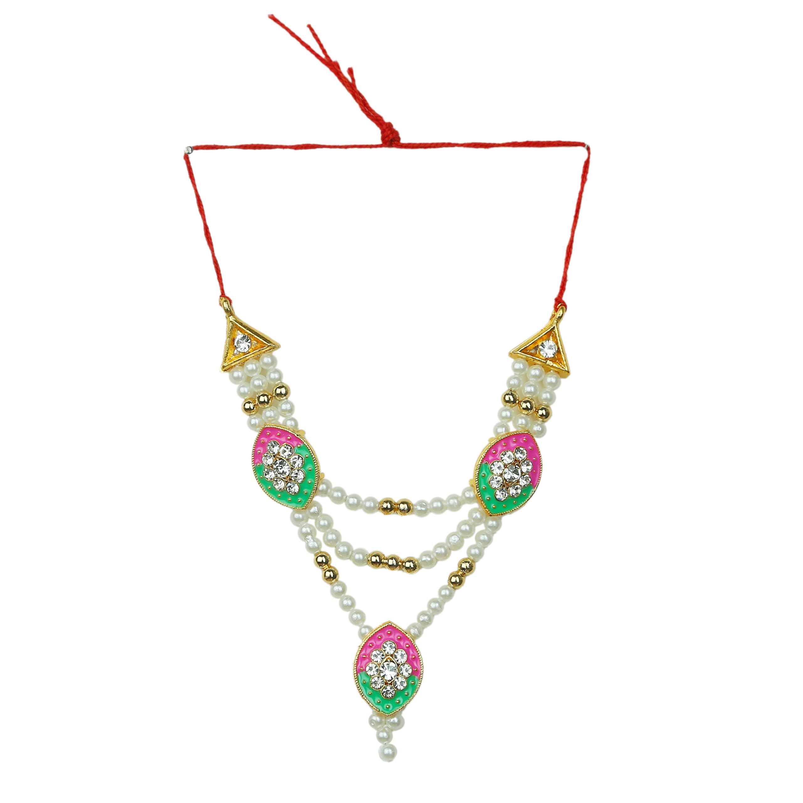 Decorative Mala Moti Beads Mala Set for Laxmi Ganesh Devi Maa Radha Krishna Puja Goddess Sringar Set Jewellery for Indian Traditional Festival God Idol Statue(Size:-1.5")(Pink,Green & White)
