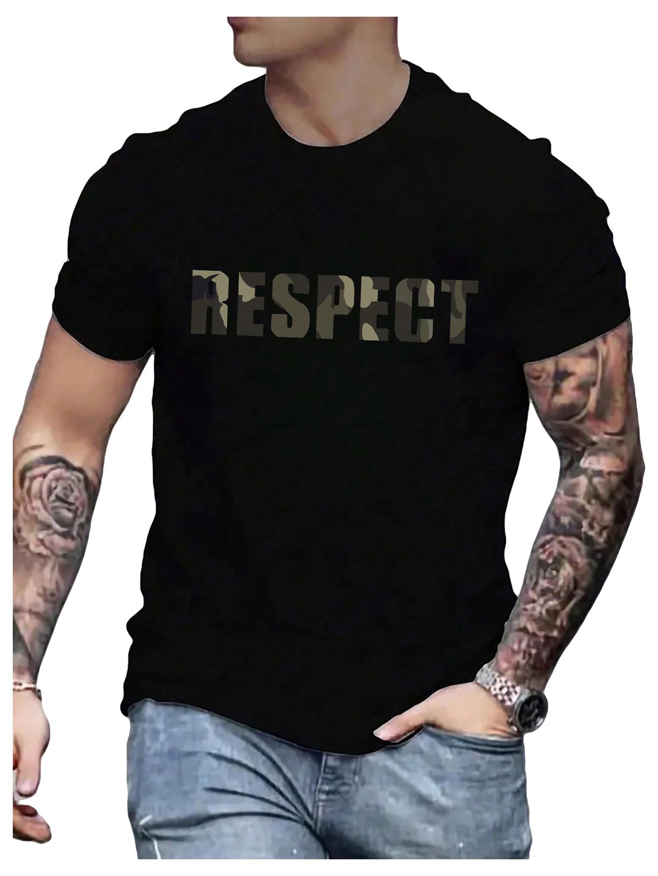 SOLY HUXMen's Graphic Tees Crew Neck T Shirts Short Sleeve T-Shirts Casual Summer Streetwear Black Camo Letter XL