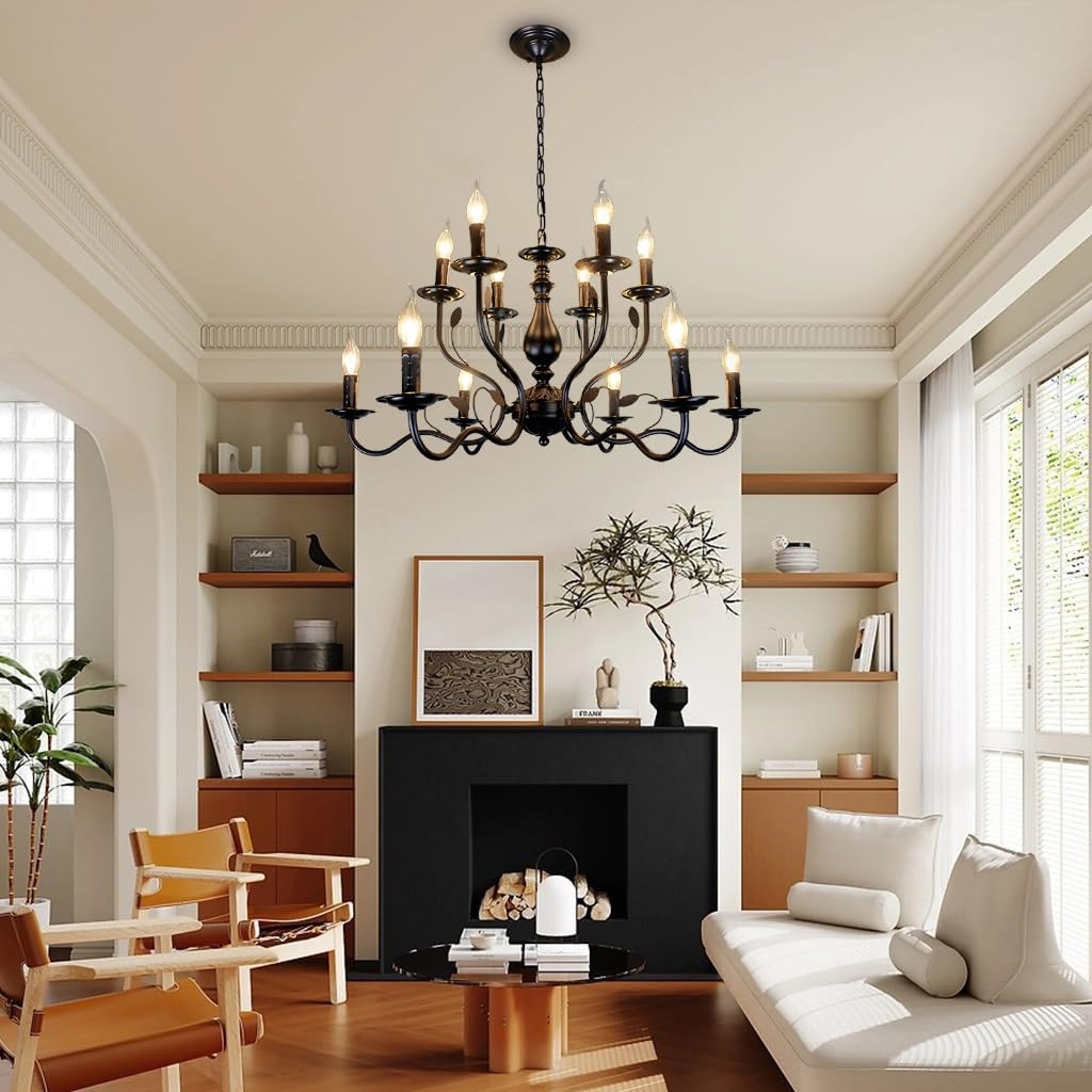 VTAMng 12 Light Black Chandelier Vintage Classic Farmhouse Dining Room Iron Pendant Light Industrial Modern Ceiling Lights Suitable for Bedroom Foyer Hallway Kitchen Living Room and Entryway(12 heads)