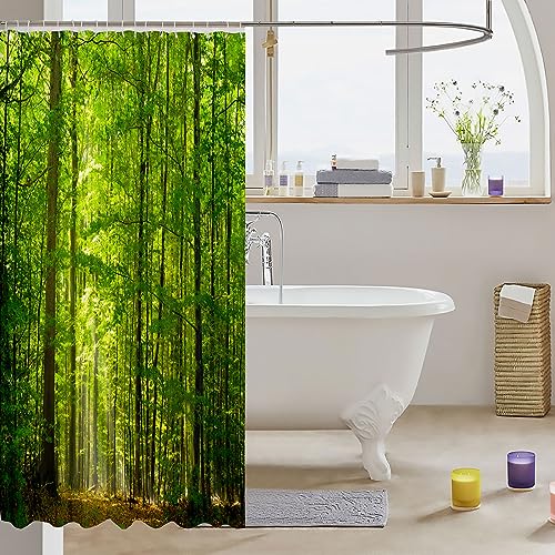 Loussiesd Woodland Shower Curtain 180x240cm Summer Forest Waterproof Shower Curtain Woodland Nature Jungle Waterproof Fabric Bathroom Sunlight Romantic Printing Green with Hooks - Image 3