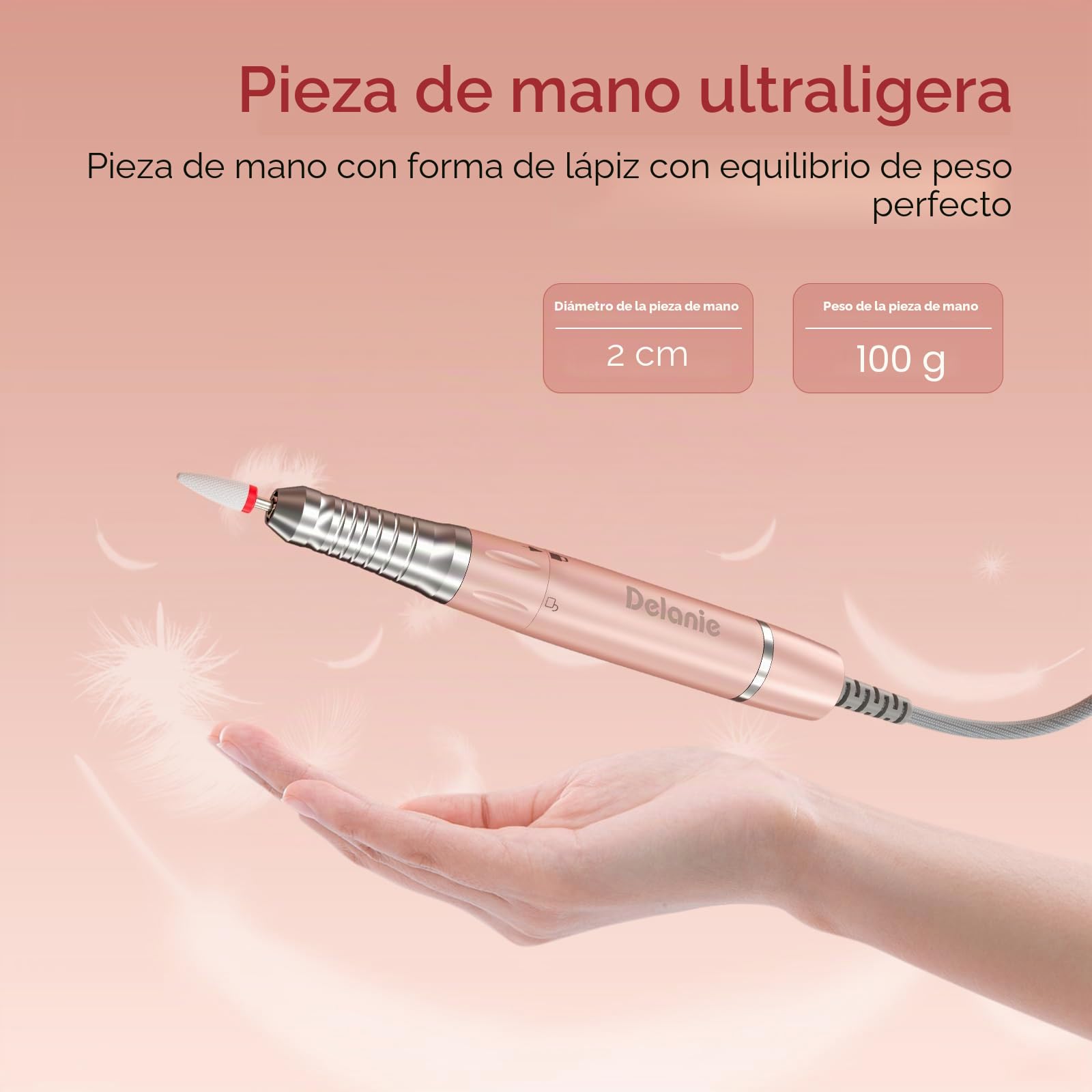 Delanie Torno para Uñas Profesional Inalámbrica 35000RPM con Motor sin Escobillas, Lijadora de Uñas Eléctrica Portátil con Base de Pausa Inteligente, Perfecta para la Sala de Estar/Hogar