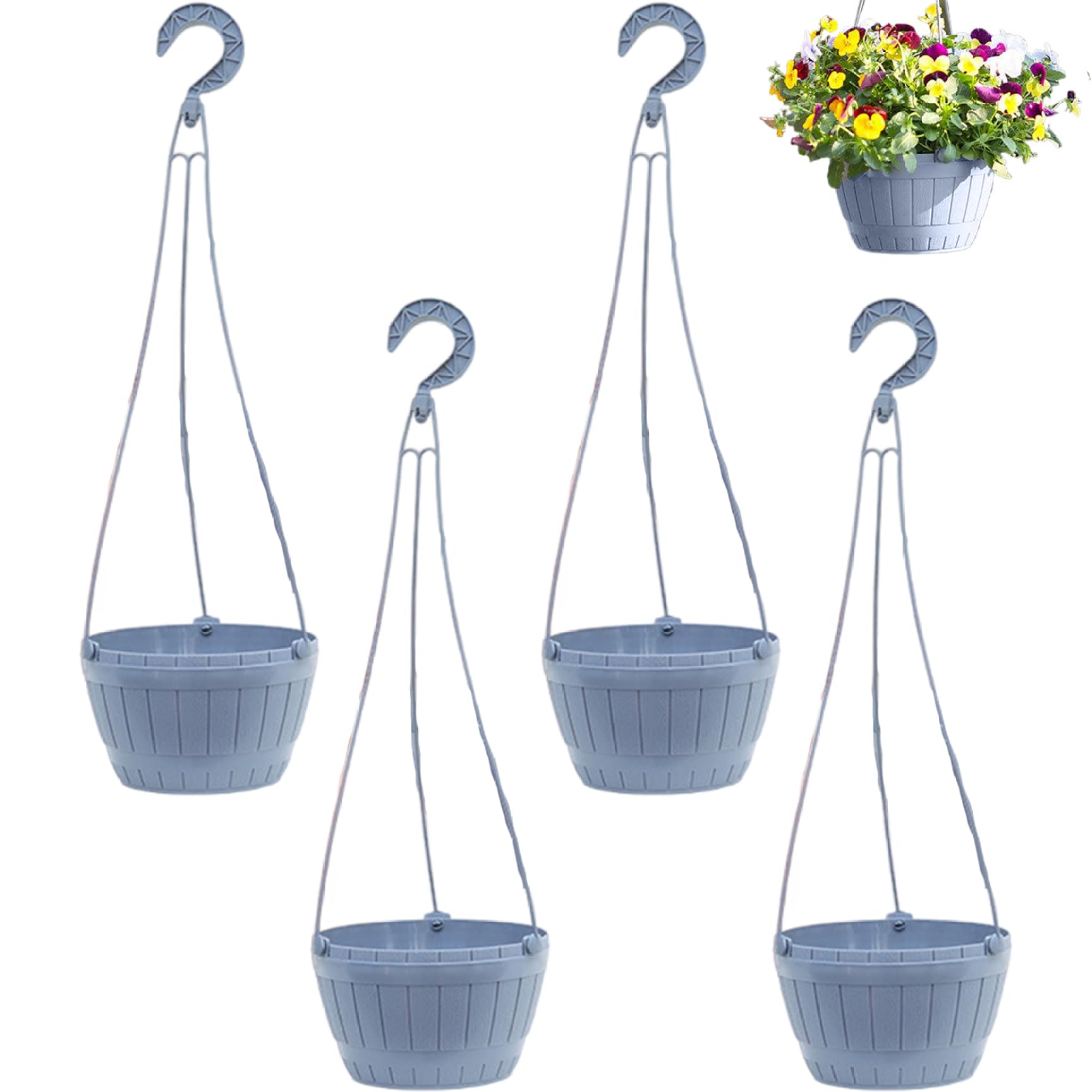 Hintyne Plastic Hanging Planter Hanging Baskets for Plants Indoor 4PCS Plastic Planter with Drainage Holes and Hook for Plants Outdoor Garden Balcony Lawn Patio, Grey