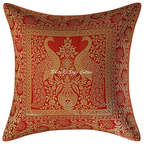 Image of Decorative Brocade Cushion Covers 16x16 Inch Banarasi Jacquard Weave Red & Gold Living Room Decor Peacock Traditional Square 40x40 cm Zippered Sofa Settee Pillowcases -Set of 2 Pcs