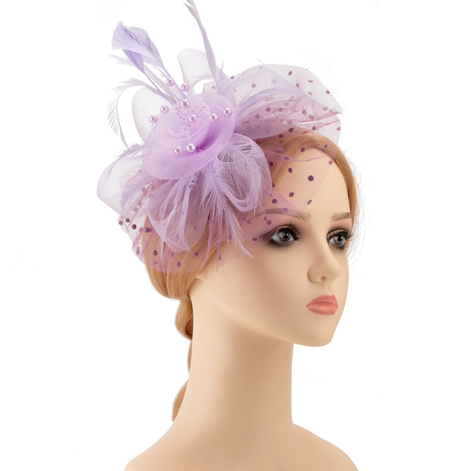 AQOKKA Women Fascinators Hats Veil Mesh Tea Party Derby Hat Bow Lace Gloves Pearl Jewelry Set for Women Cocktail Wedding