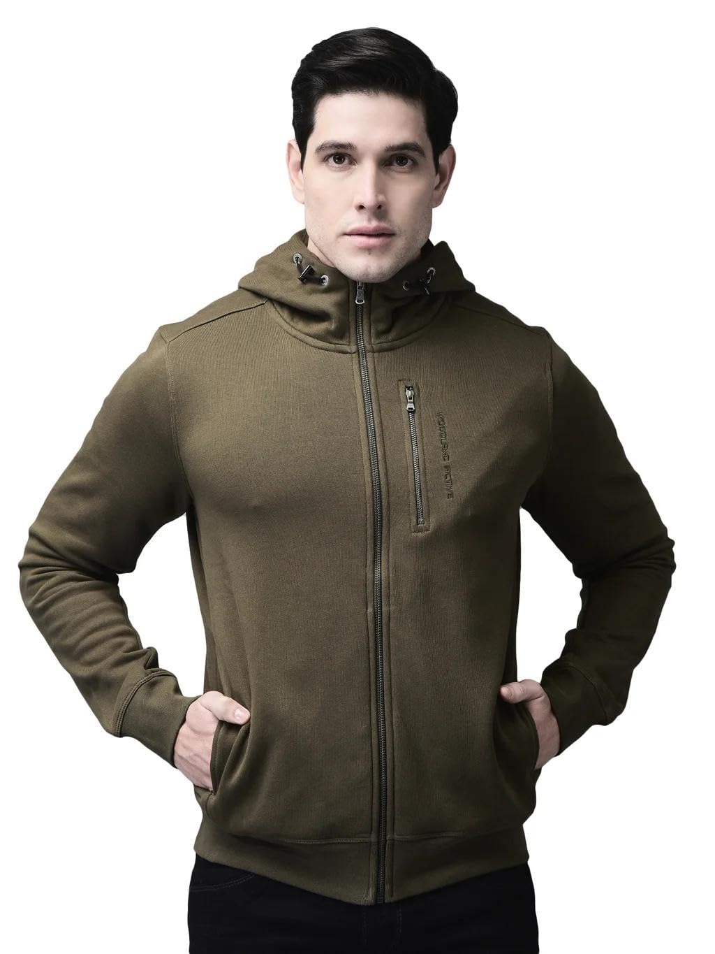 Men Green Cotton Polyester Regular Fit Hooded Sweatshirt with Zipper Pocket – Adjustable Drawstring, Casual Pullover Hoodie for Men