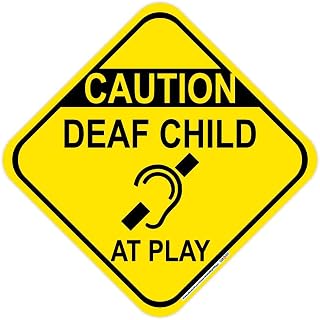 Caution Deaf Child (Symbol) At Play 12"x12" Sign, UV protected, weather resistant, visible day or night. Rust free .080 gauge aluminum with pre-drilled mounting holes.