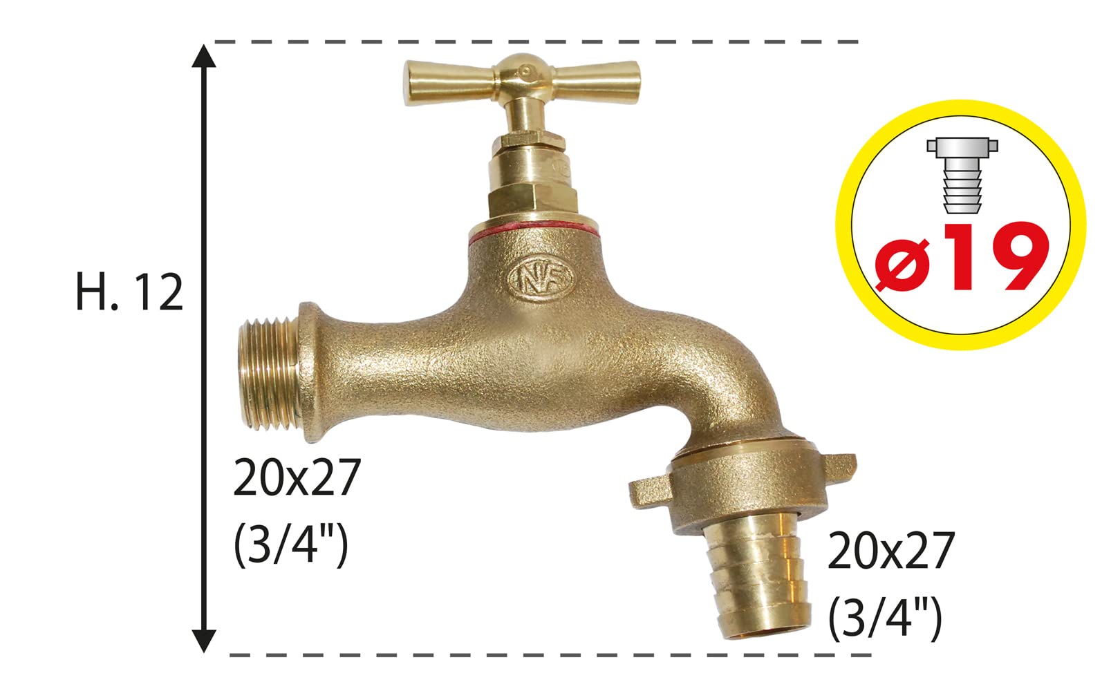 Boutt 2152344 R18BR Garden Tap Brass Turn 20 x 27 Pipe Connector Diameter 19, Gold, Entrée 20x27 Sortie 20x27 - Image 4