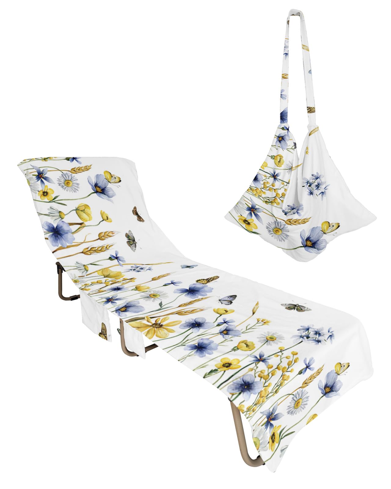 Fall Leaves Flower Beach Chair Towel Covers for Chaise Lounge with Side Pocket, Soft Plush Pool Towels Cover for Patio Sunbathing Outdoor 29''x85'' Country Blue Butter-fly Yellow Wheat