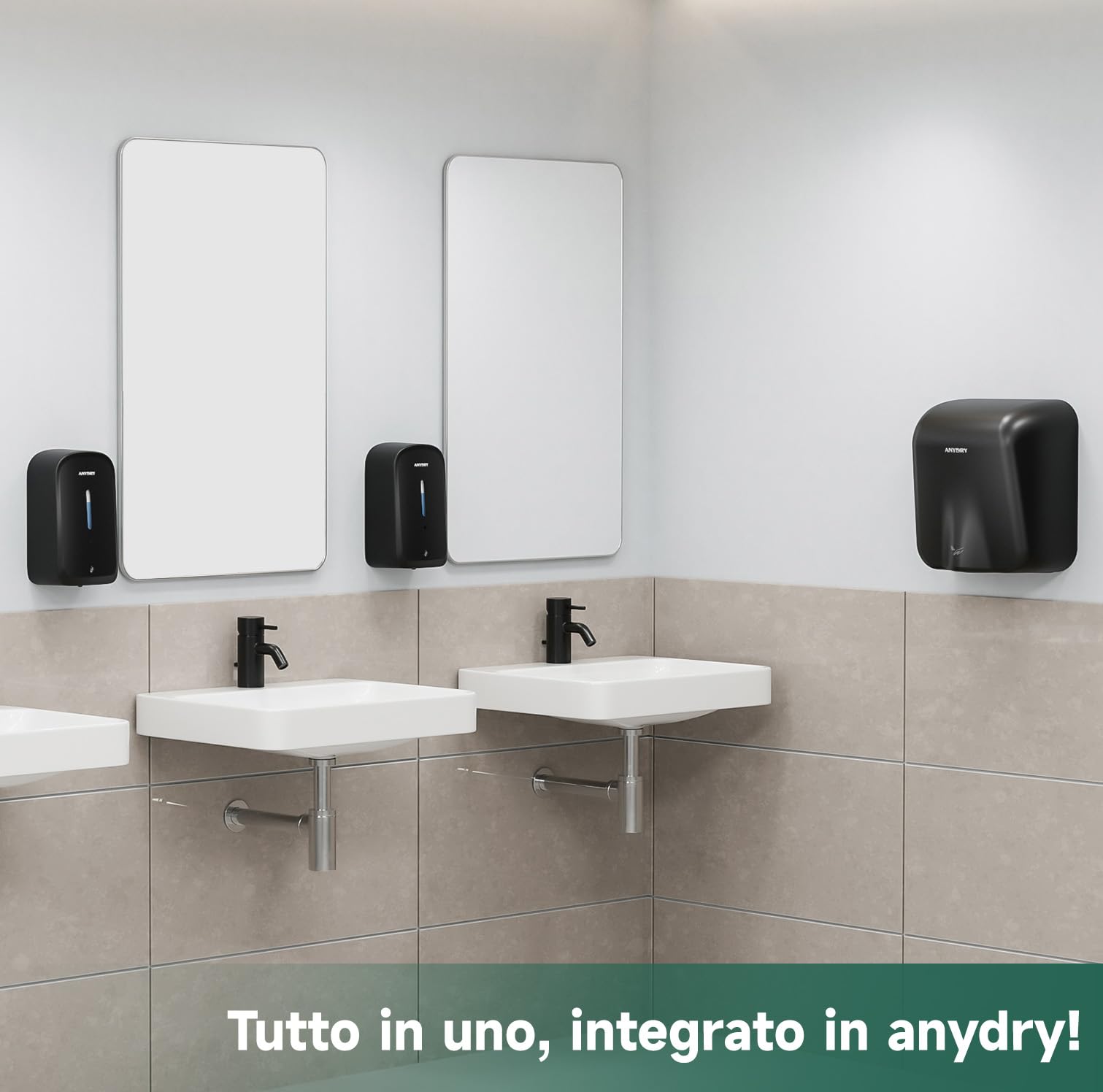 anydry Distributore automatico di sapone liquido professionale da 1000 ml, montaggio a parete, senza contatto, per bagni ad alto traffico, uffici, ospedali, modello 1220S Nero