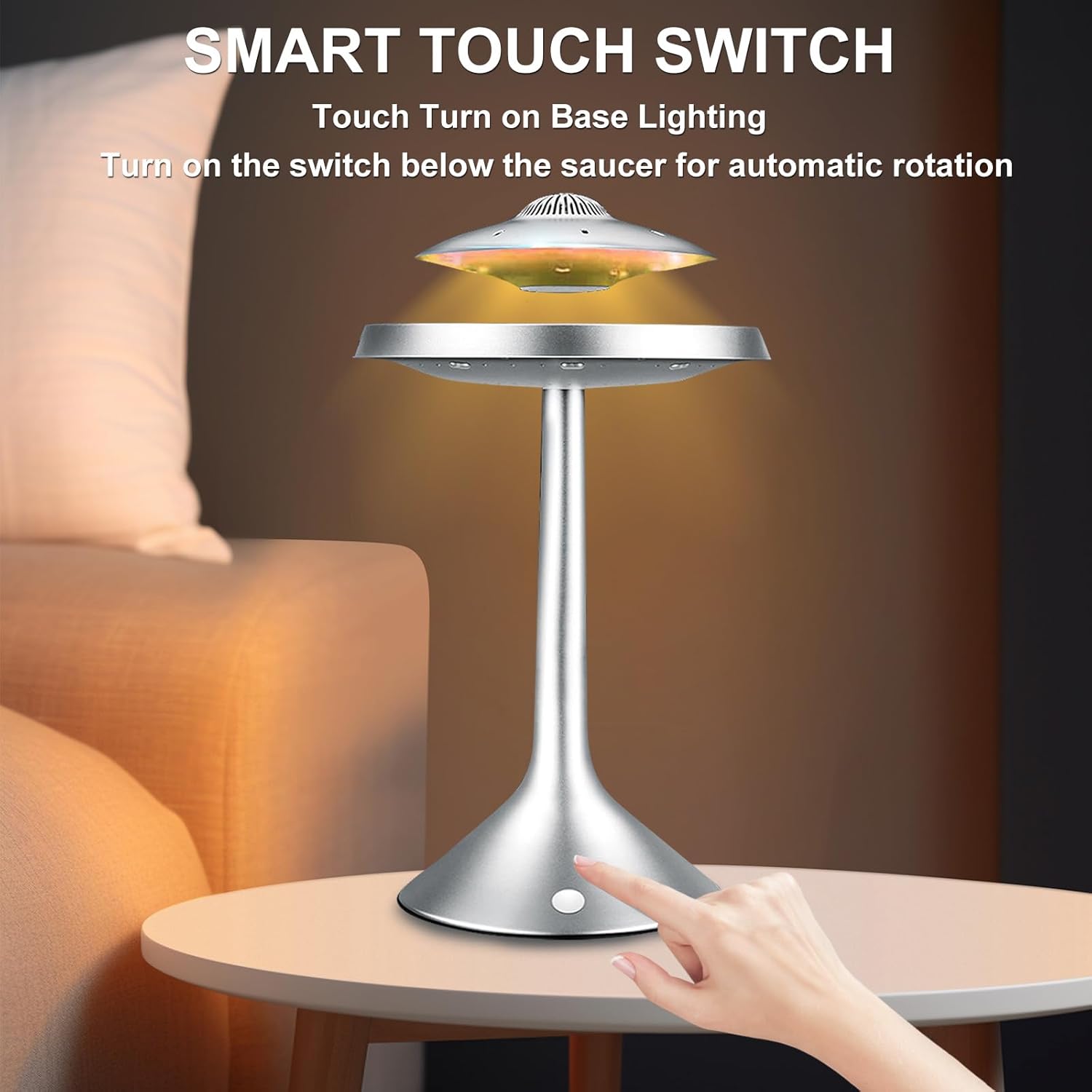 Magnetic Levitation Bluetooth UFO Speaker, Levitating UFO Speakers with Seven Color Night Lamp, Wireless Charging LED Lamp Bluetooth Speaker, 360°Rotating UFO Lamp (Silver)