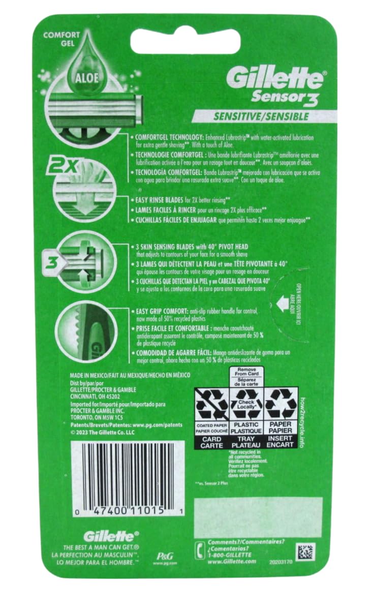 Gillette Mens Sensor 3 Razor Sensitive Disposable 4 Count (Pack of 6)