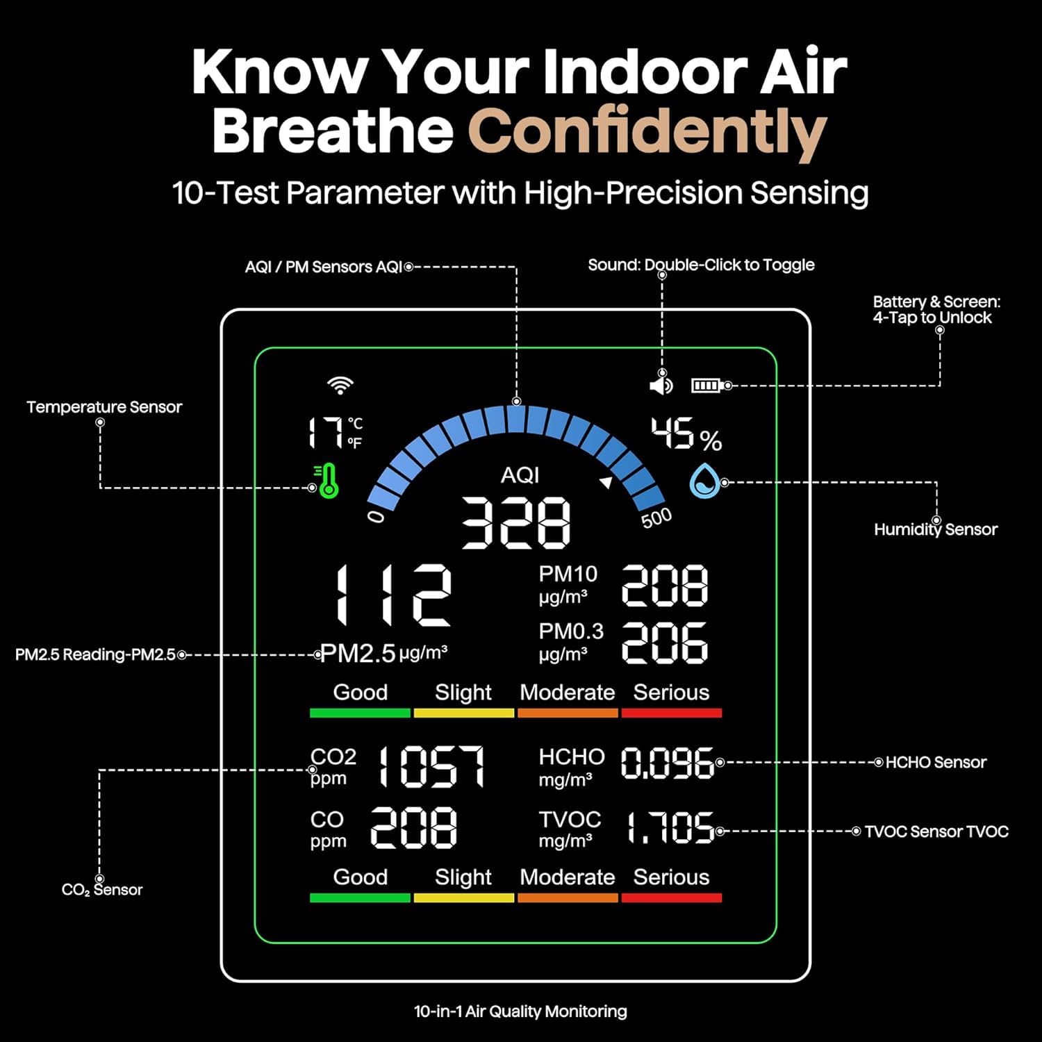 Air Quality Monitor Indoor, 10 in 1 Portable Smartair Quality Tester for CO2 | CO | TVOC | HCHO | Temp | AQI | PM0.3-1 Detection Hum for Home Cars Plants, Pets, Car, Hotel (Black)