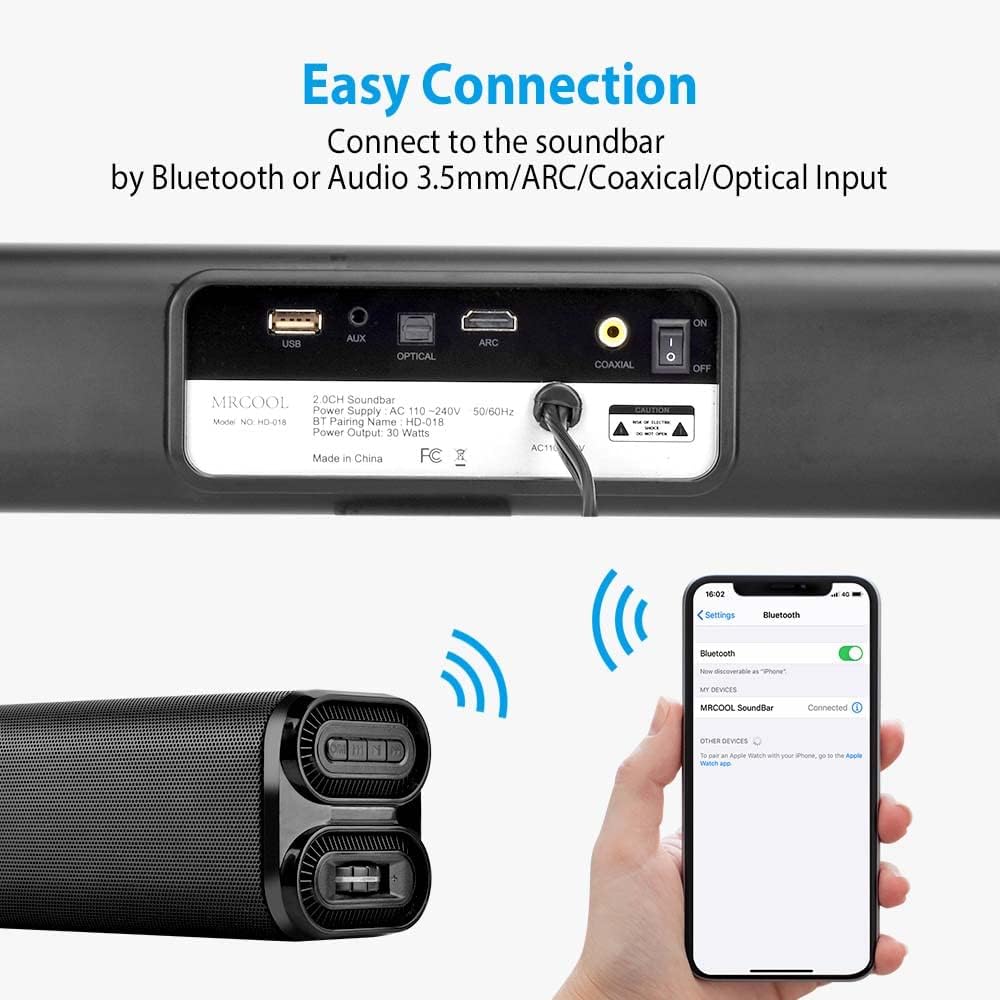 Wееklу Tор Sаlе MRCOOL 2021 New Sound Bar, Bluetooth 5.0 Stereo, Sound Bars for tv, 24 inches, BT, AUX, RCA, USB and Optical Input (with 3.5mm Aux Cable, HDMI Cable, Fiber Optic Cable and RCA Cable)