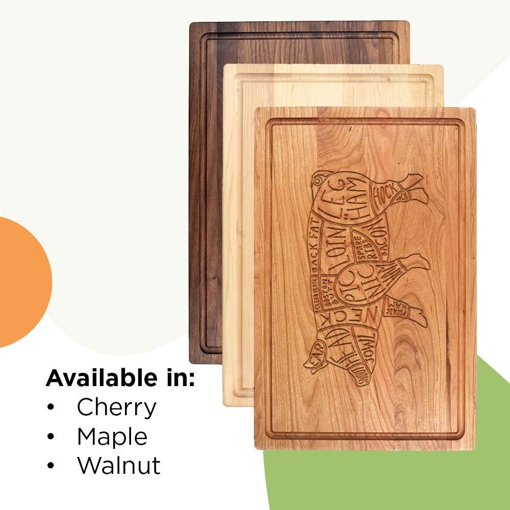 Pork Cuts-Wooden Cutting Board for Kitchen Juice Groove Natural Custom Engraved in USA, Christmas Wedding Anniversary Birthday Present, Housewarming New Home (Walnut 11x17)