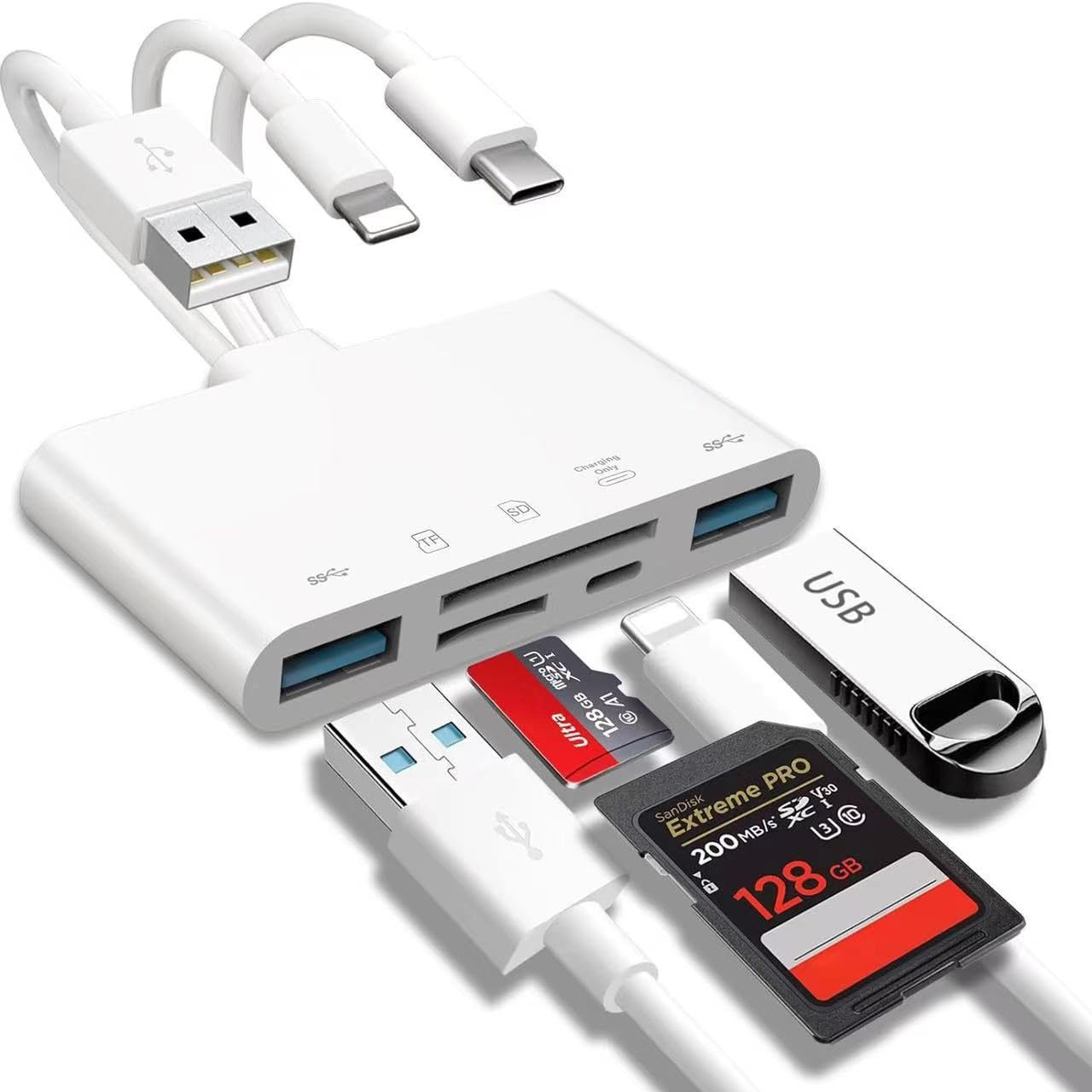 5-in-1 Memory Card Reader for iPhone, iPad, Mac, USB Type-C Lightning Adapter, SD/TF Card Reader with Multiple Ports, Digital Camera Transfer Compatible, White-image-31