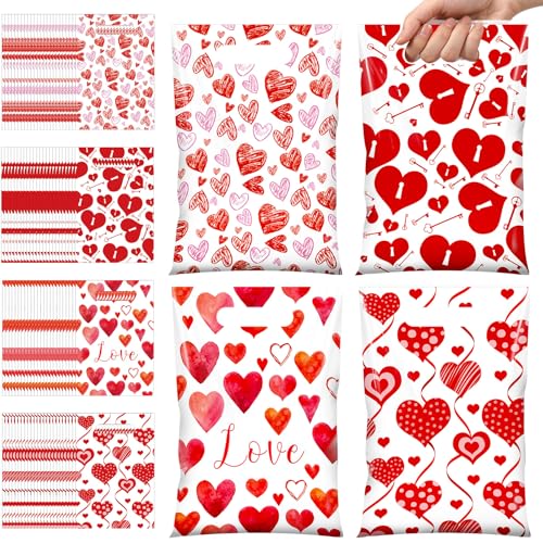 Pajean 100 Pcs Valentines Gift Bags Bulk Valentine's Day Treat Candy Goodie Bags Red Pink Heart Plastic Pouches with Handles Reusable Party Favor Stuffed for Classroom Holiday Birthday Supplies