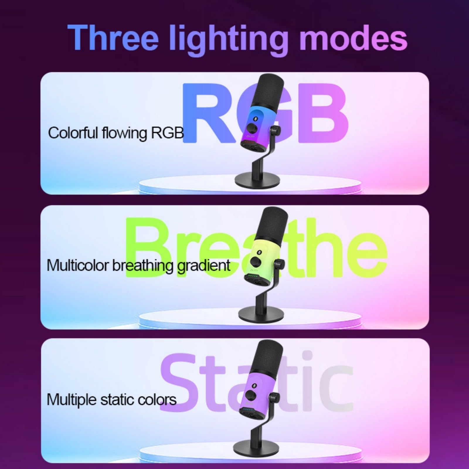 Microfono USB Power con suono di qualità da studio, illuminazione a colori, controllo rapido della sensibilità, microfono USB per streaming antiurto con illuminazione dinamica