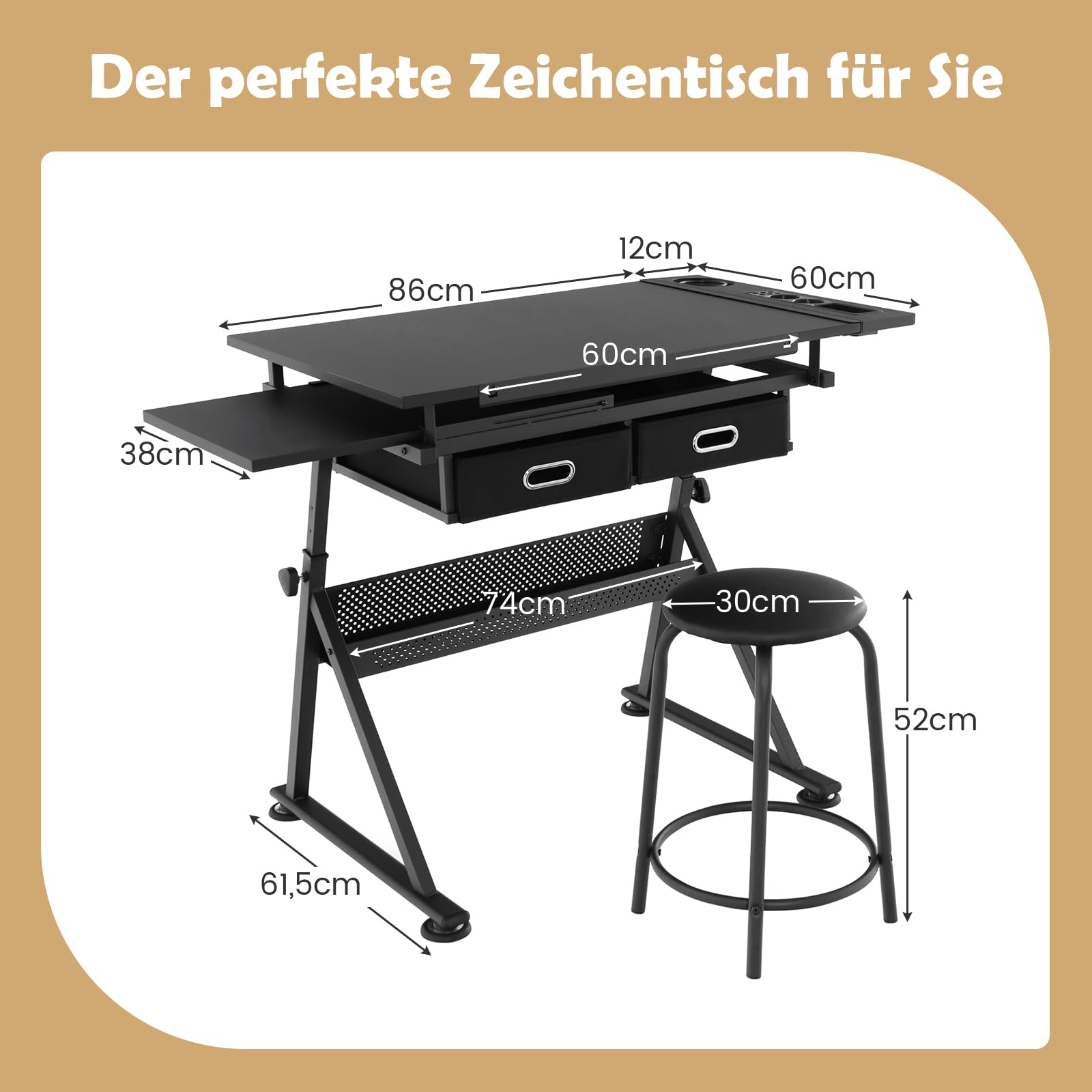 GOPLUS Zeichentisch Höhenverstellbar, Schreibtisch Neigungsverstellbar, Architektentisch mit Hocker, Schülerschreibtisch Bürotisch (Schwarz)