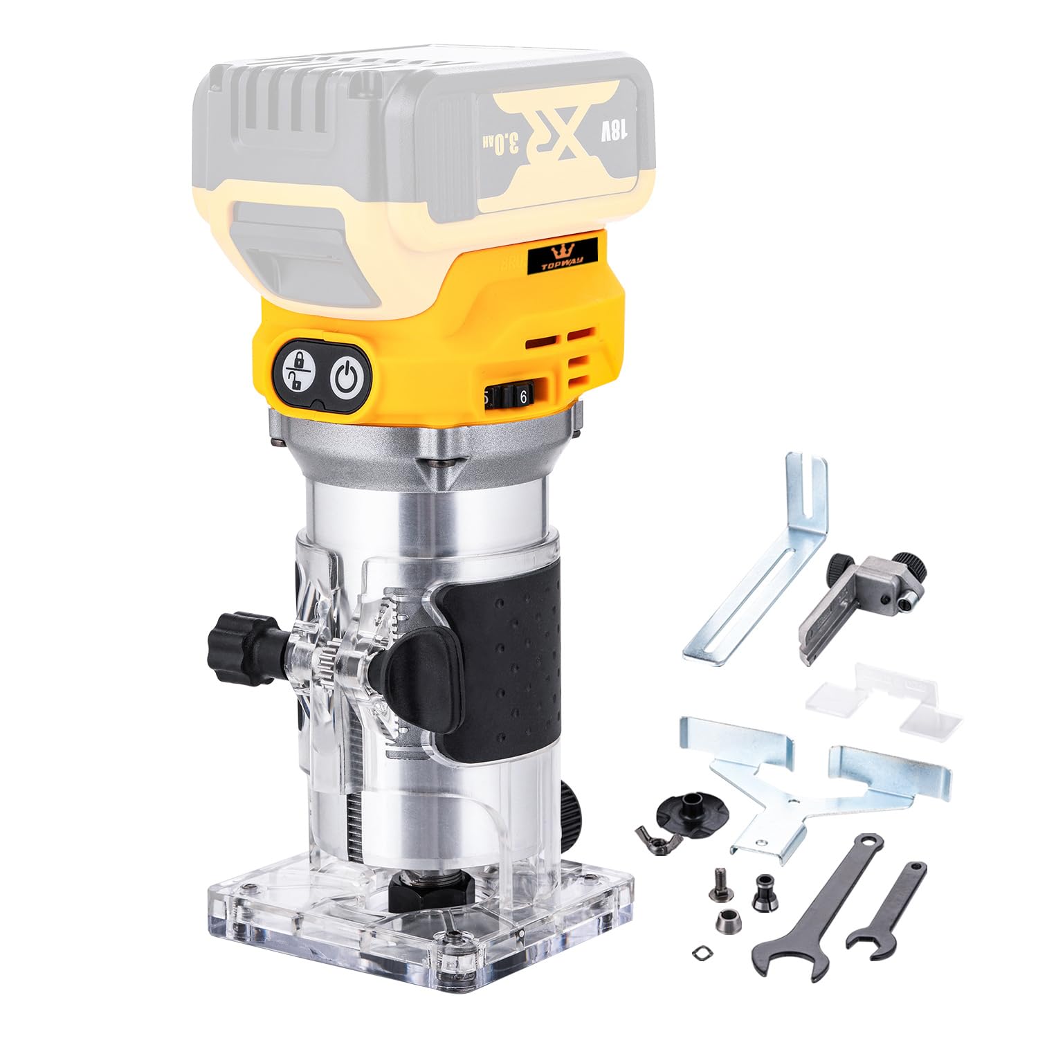 TOPWAY Défonceuse à bois portative sans fil 18 V – Compatible avec la batterie DeWa DCB184, vitesse variable, 3 pinces (1/4 po, 6 mm, 8 mm), base de coupe, sans batterie 102775