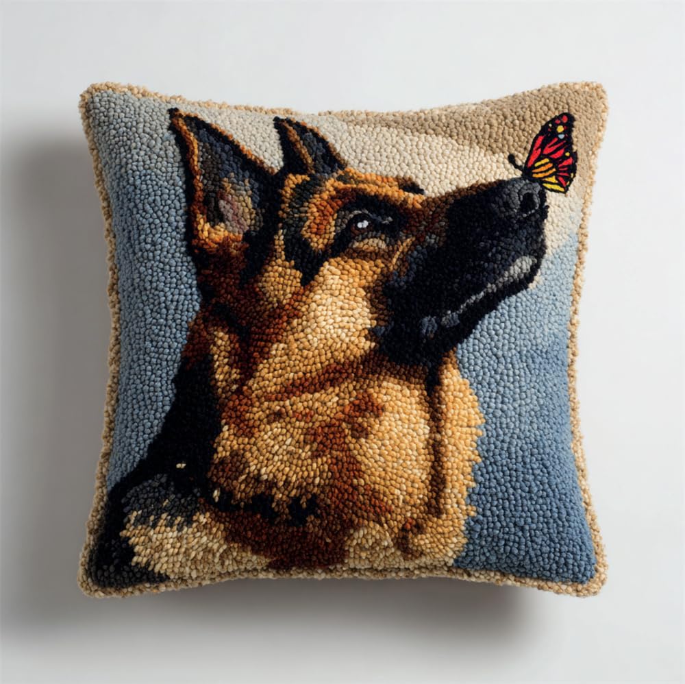 RKFLGEW Latch Hook Pillow Case Kits,German Shepherd Looking Up with A Butterfly 17X17Inch 3D DIY Latch Hook Cushion Cover Kit,Knitting Kits Cushion for Adults and Beginners Rug Making Kit for Starte