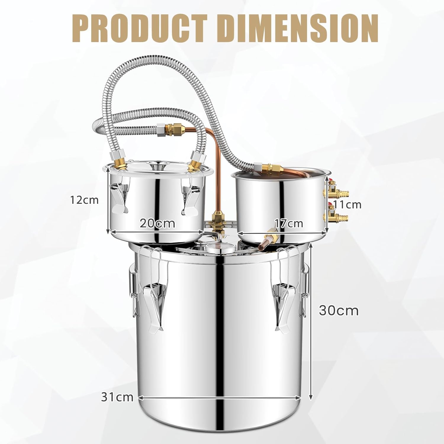 TANGZON Moonshine Still Distiller, 3 Pots 5 Gal 22L/8.5 Gal 38L Stainless Steel Water Alcohol Spirits Wine Making Boiler with Copper Pipe, Thermometer & Pump, Home Brewing Kit for Whisky Brandy (22L)
