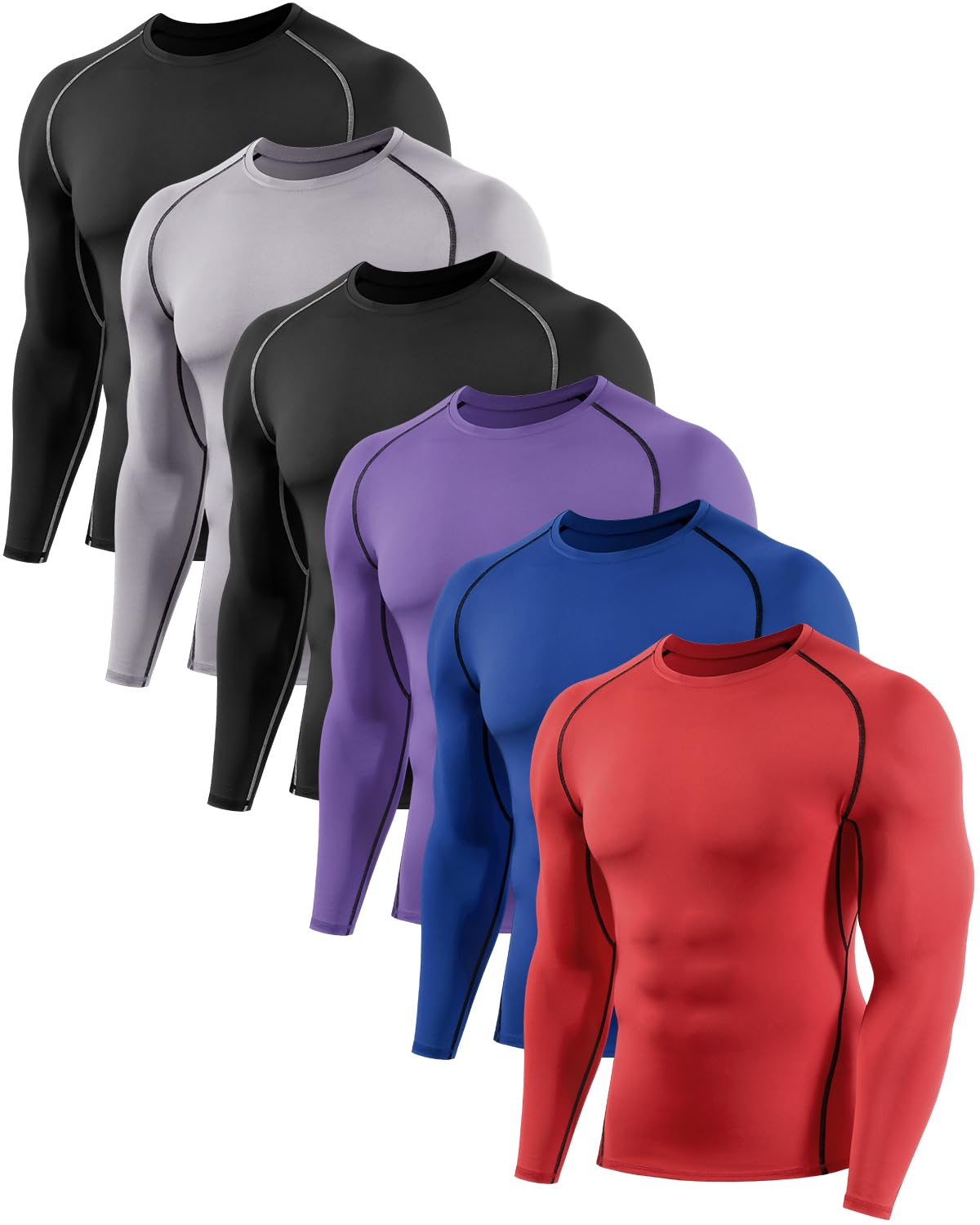 5 6 Pack Mens Compression Shirts Long Sleeve Rash Guard Workout Undershirt Base Layer Athletic Shirt