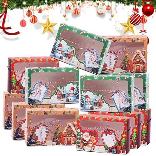 Shinybox Weihnachts-Kekskästen Boxen, 12 Stück Geschenkboxen für Weihnachten mit Aufkleber und Seil, Weihnachten Geschenkboxen Keksschachtel Kuchen-Kästen, Weihnachtsgeschenkboxen(Weihnachten B)