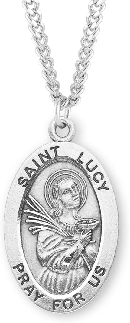 Patron Saint Lucy Oval Sterling Silver Medal | 1.1 x 0.7 (27mm x 17mm) | Deluxe Velvet Gift Box | 24 Rhodium Plated Endless Curb Chain | .925 Sterling Silver | Patron Saint Medal Pendant Necklace