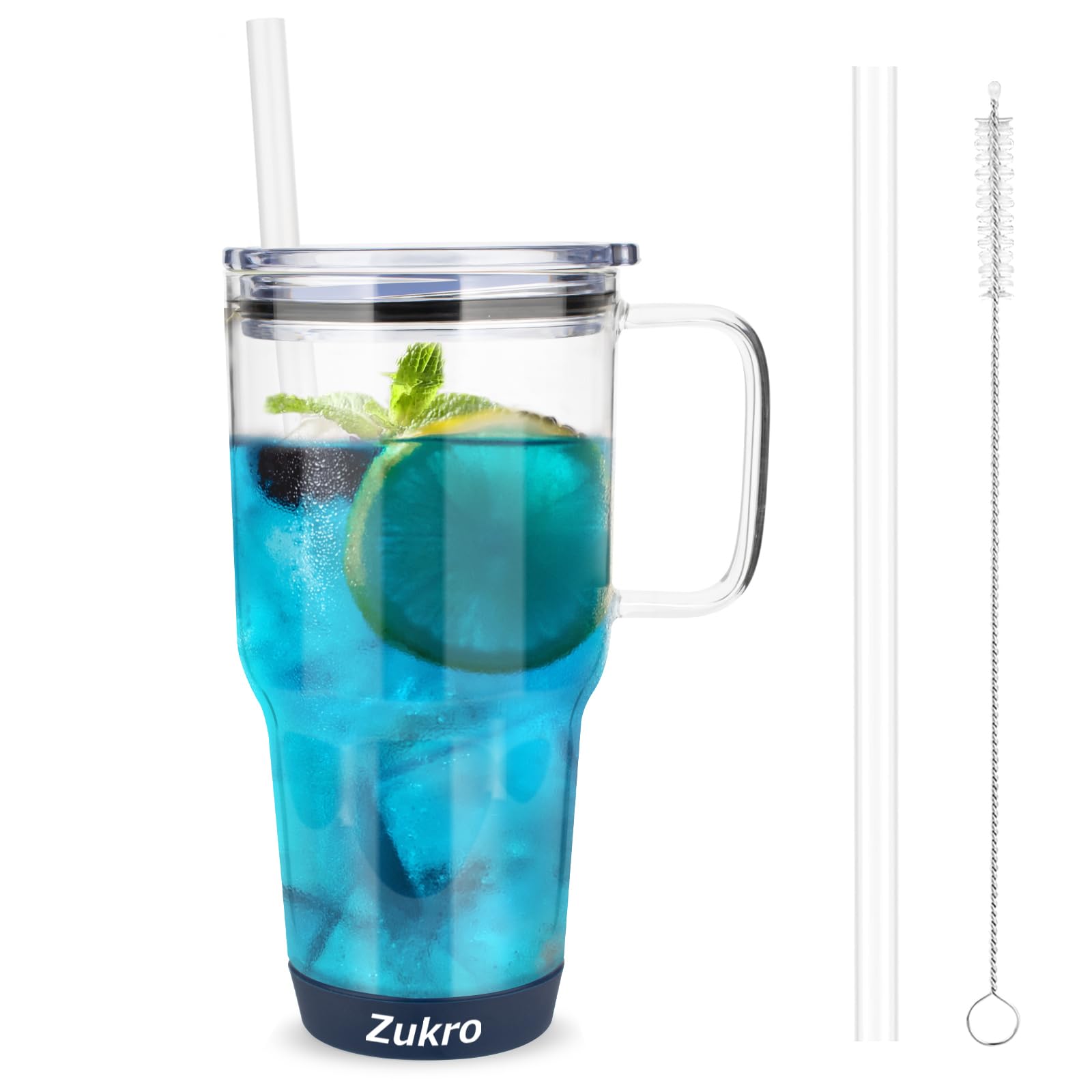Amazon.com | Zukro 32 oz Drinking Glass Tumbler with Handle, Iced Coffee  Cup with Straw and Lid, Reusable Glass Water Cup With Silicone Bumper for  Beer, Fits In Cupholder, Dishwasher Safe, BPA