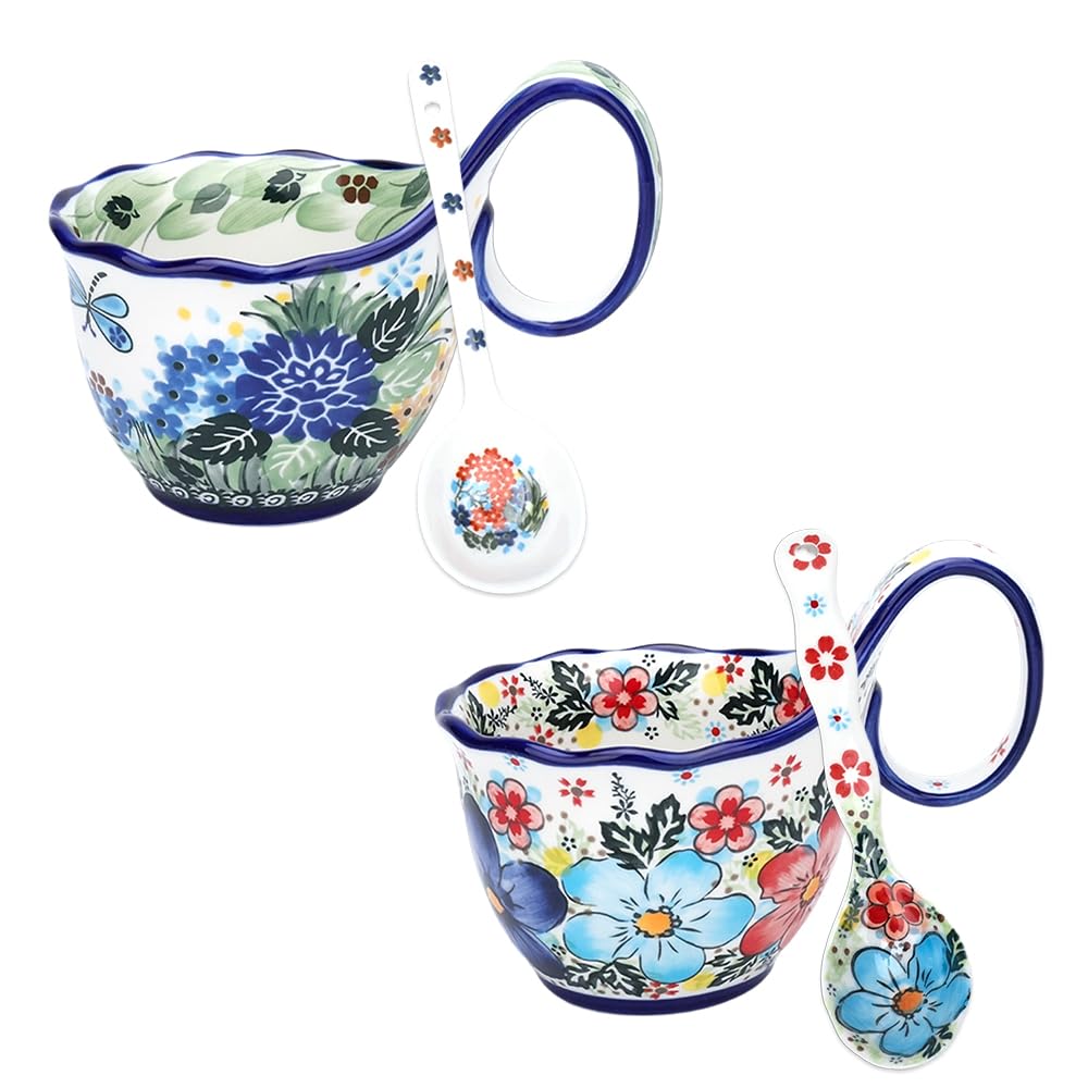 Photo 1 of 18oz With Spoon Loop Handle Soup Bowl – Handpainted Polish Pottery, Soup And Cracker Bowl For Fruits, Stew, Ice Cream, Microwave & Dishwasher Safe, Gift For Mother, Women, Mom, Kitchen (Green+Blue)