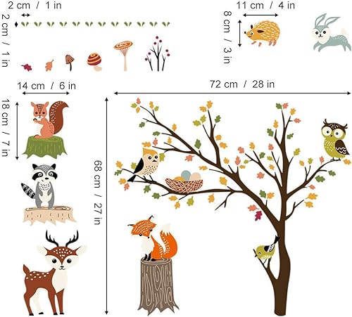 Miniatura 5 de decalmile Calcomanías de pared de bosque, diseño de zorro de árbol de animales, decoración de pared para habitación de bebé, habitación de niños,
