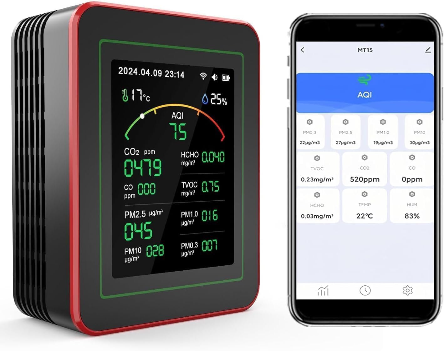 Medidor de Calidad del Aire Interior 15 en 1 con App - 2 Chips Sensores Precisos de CO2,PM2.5/PM10,HCHO,TVOC | Alertas en Tiempo Real y Análisis para la Salud | Fácil Lectura,Ideal para Hogar,Oficina