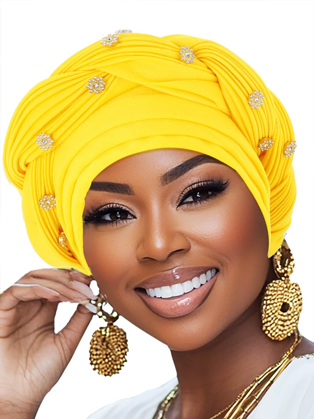 Woeoe Women African Turban Pre-Tied Twisted Beanie Cap Headwear Rhinestone Soft Stretchy Head Turbans, Yellow, M