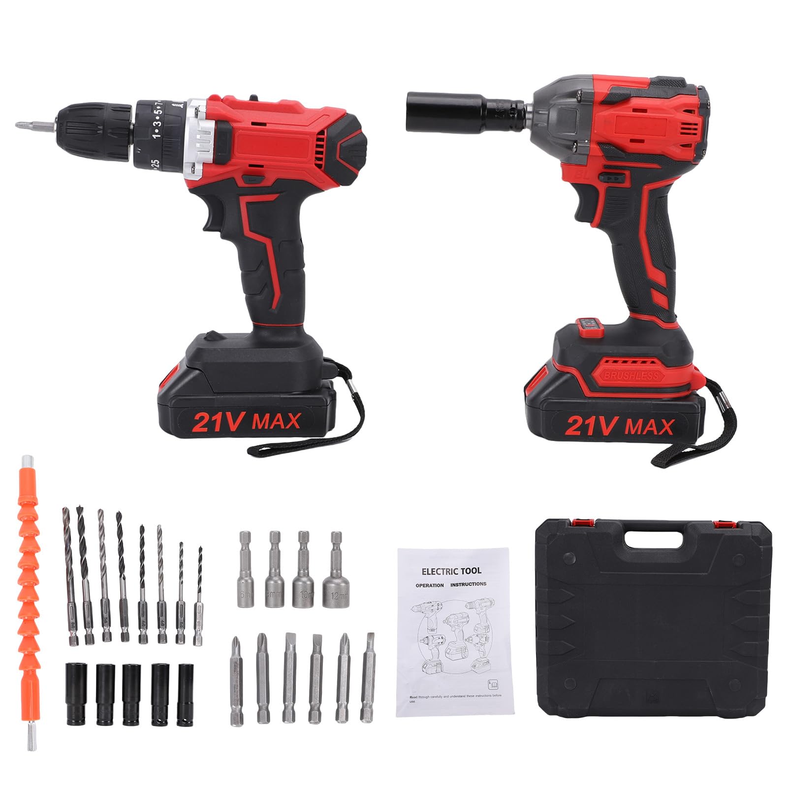 FTVOGUE Taladro Inalámbrico y Llave de Impacto Combinado, 20V, 2 Piezas,
