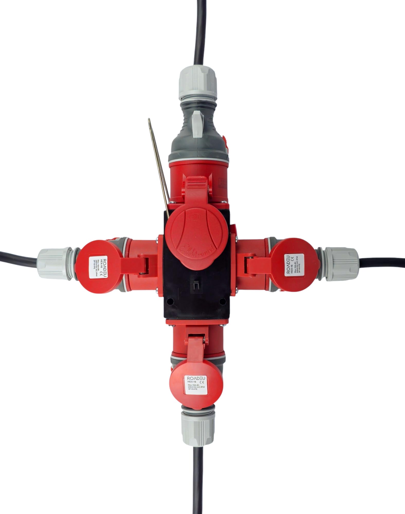 RoadEu Distribuidor de corriente CEE 32 A 5 pines macho 3 enchufes 32 A 5 p 400 V IP44 móvil robusto