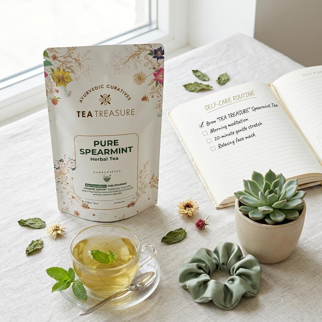 Tea Treasure Feuille de menthe verte 100 g – Aide le SOPK, le soulagement de la PCOD, l'équilibre hormonal, la perte de poids, les soins digestifs et réduit les poils du visage | Infusion entière sans