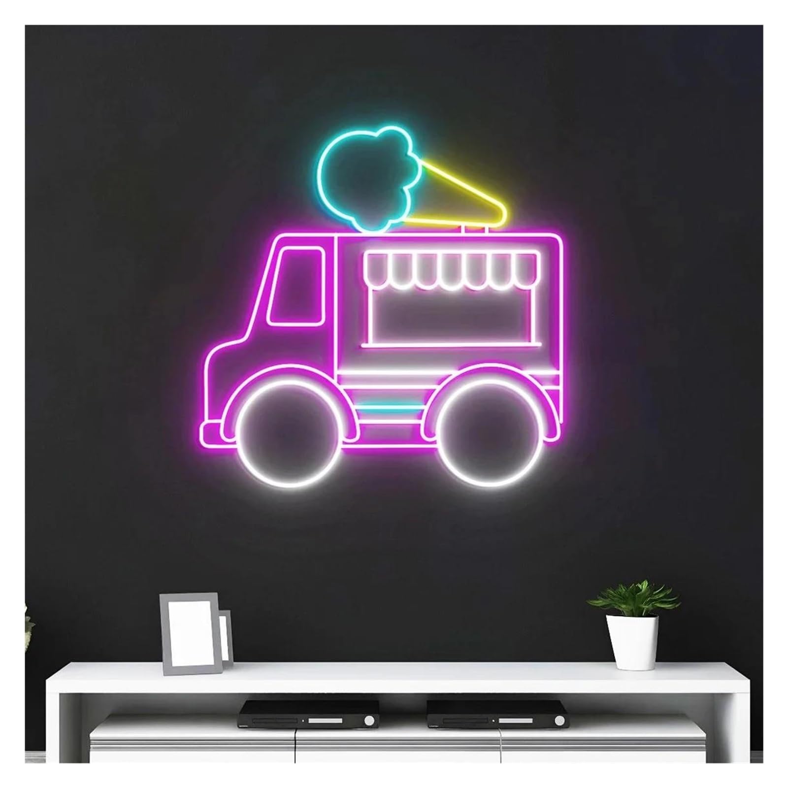 Shouxi E Sign Lamp Ic Cream Truck Neon Signs Usb Powered Neon Lights Suitabl For Bistro Restaurants Party Decor Glow Sign 58Cmx59cm(E)