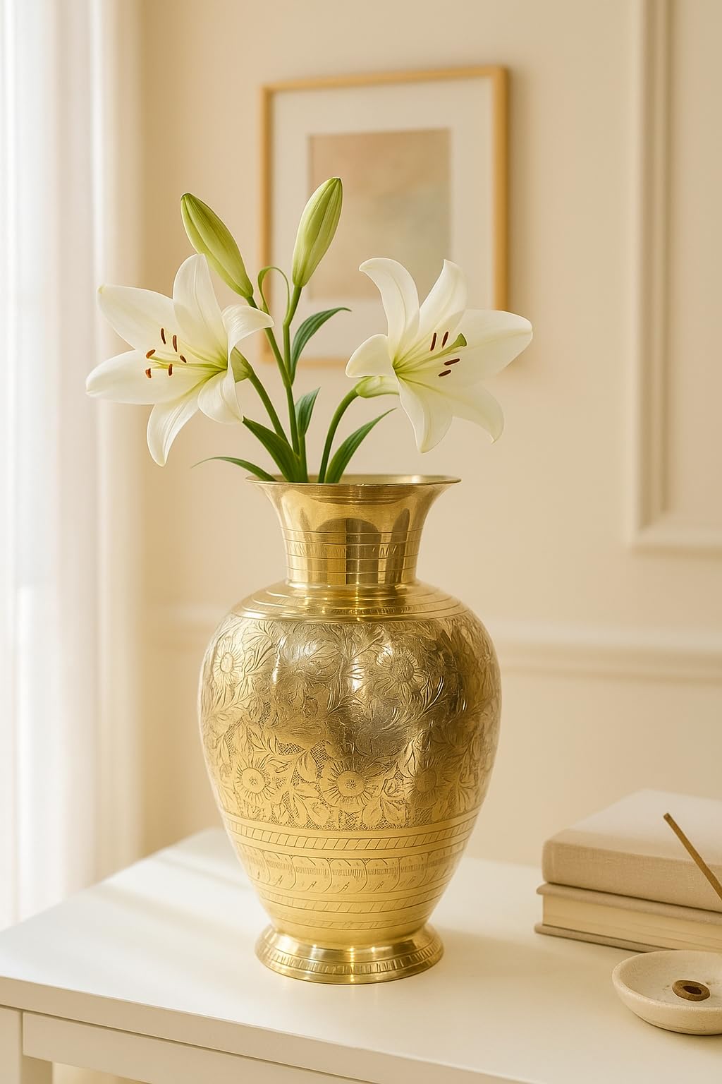 Loopysky Premium Handcrafted Brass Flower Vase for Home Decor | Antique Gold Finish Matki Pot | 9 Inch Bidri Work Table Centerpiece (1 Pc) ★ for Artificial Flowers Only – Not for Water Use