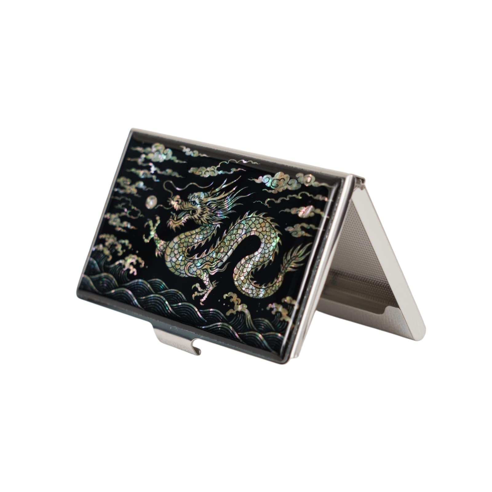 February Mountain Mother of Pearl Business Card Case - Korea Traditional Gifts, Slim Metal Holder for Business &amp; Credit Cards, Pocket-Sized Purse Wallet (Dragon)