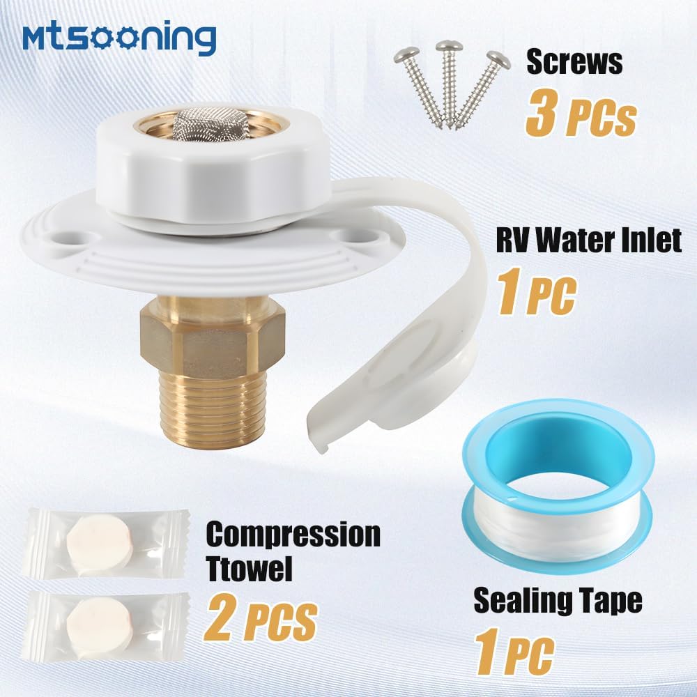 RV City Water Fill Inlet with Check Valve, 3/4 NH Female to 1/2 NPT Male RV Water Hose Flange Brass Connector Replacement for RV Camper Motorhome Trailer Marine White