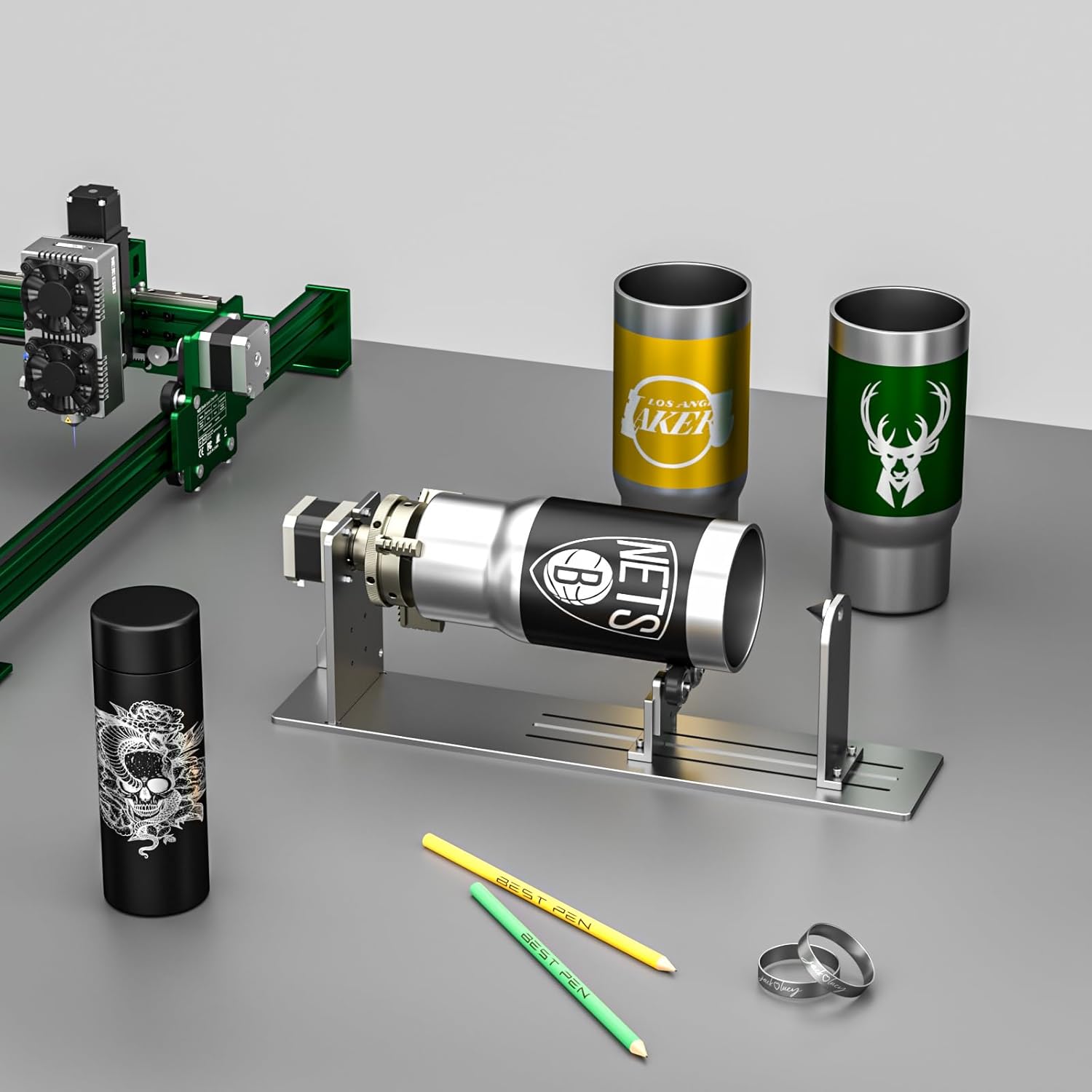 Examples d'objectes gravats amb el mòdul rotatiu NEJE R5