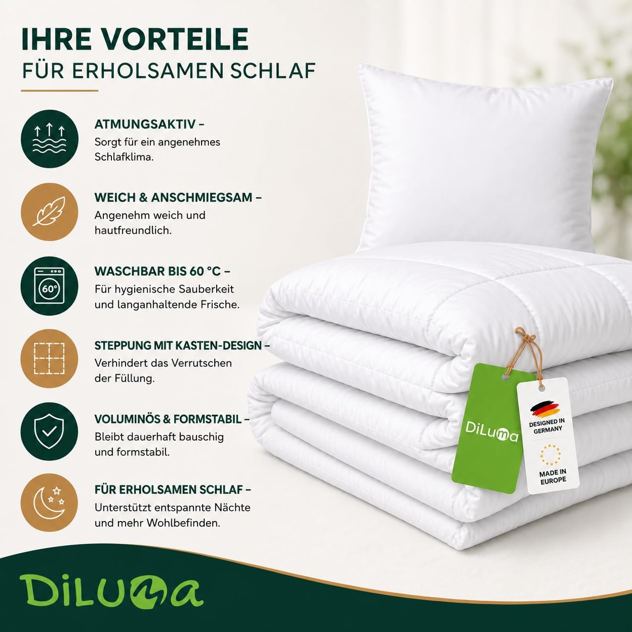 DILUMA Bettdeckenset 135x200 cm Smart 4-teilig - 2X Bettdecke 135x200 cm + 2X Kopfkissen 80x80 cm - Bettdecke und Kissen Set - Ganzjahres Steppdecke Mikrofaser - Ganzjahresdecke mit Kissen