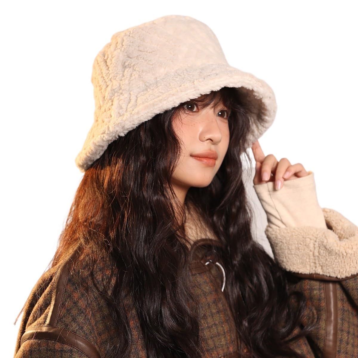 Chapeau seau chaud en peluche casquette pêcheur coupe-vent chapeau ski beige femme
